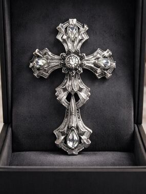 Ornate Silver Cross brooch with Clear Crystals
